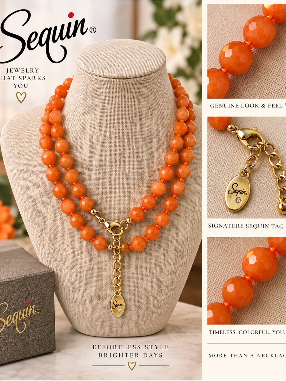 Orange Double-Strand Beaded Necklace with Gold Tag